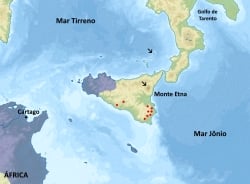 Mapa topográfico da Sicília. Povoamento